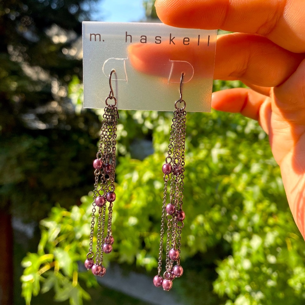 M. HASKELL SILVER CHAIN W/ PURPLE BEAD LONG DROP EARRINGS